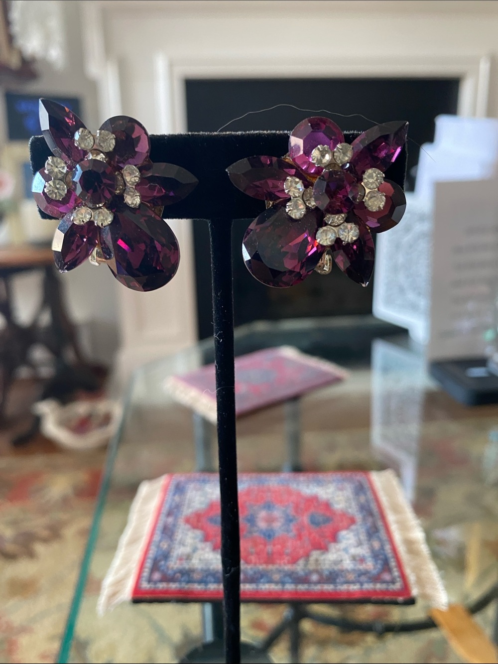 Purple Crystal Floral Statement Earrings